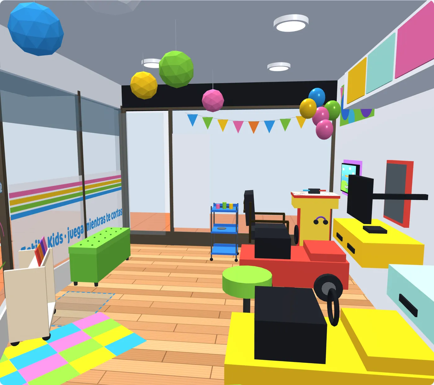 Maqueta 3D de Estilo Kids Las Condes Cantagallo vista desde el fondo, con puesto gamer y banca de espera