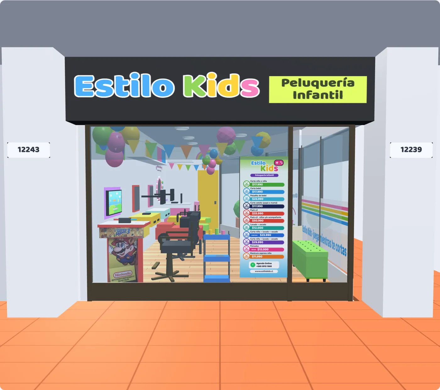 Maqueta 3D de la fachada de Estilo Kids Las Condes Cantagallo, Av. Las Condes 12240