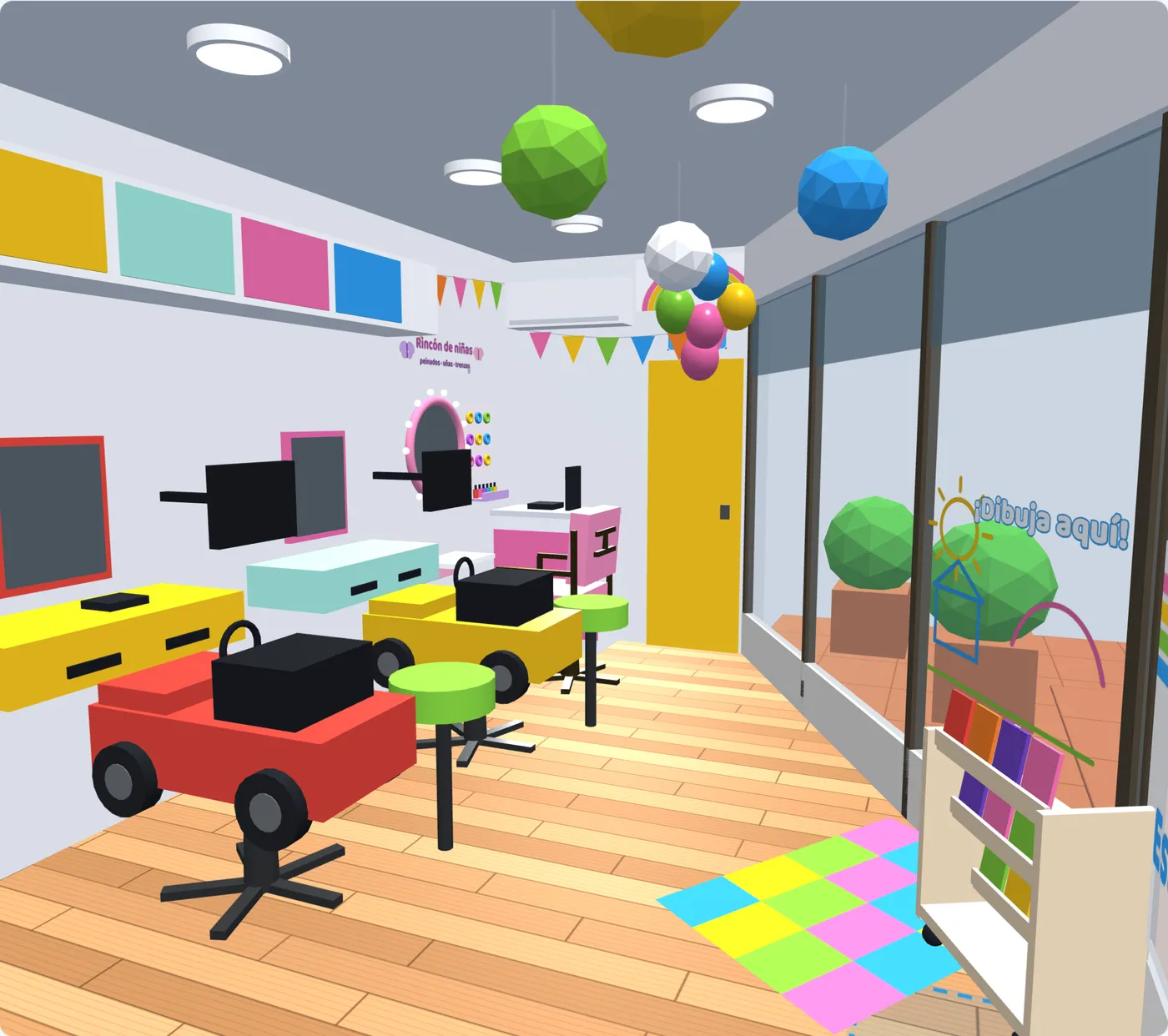 Maqueta 3D del interior de Estilo Kids Las Condes Cantagallo con autitos y rincón de niñas