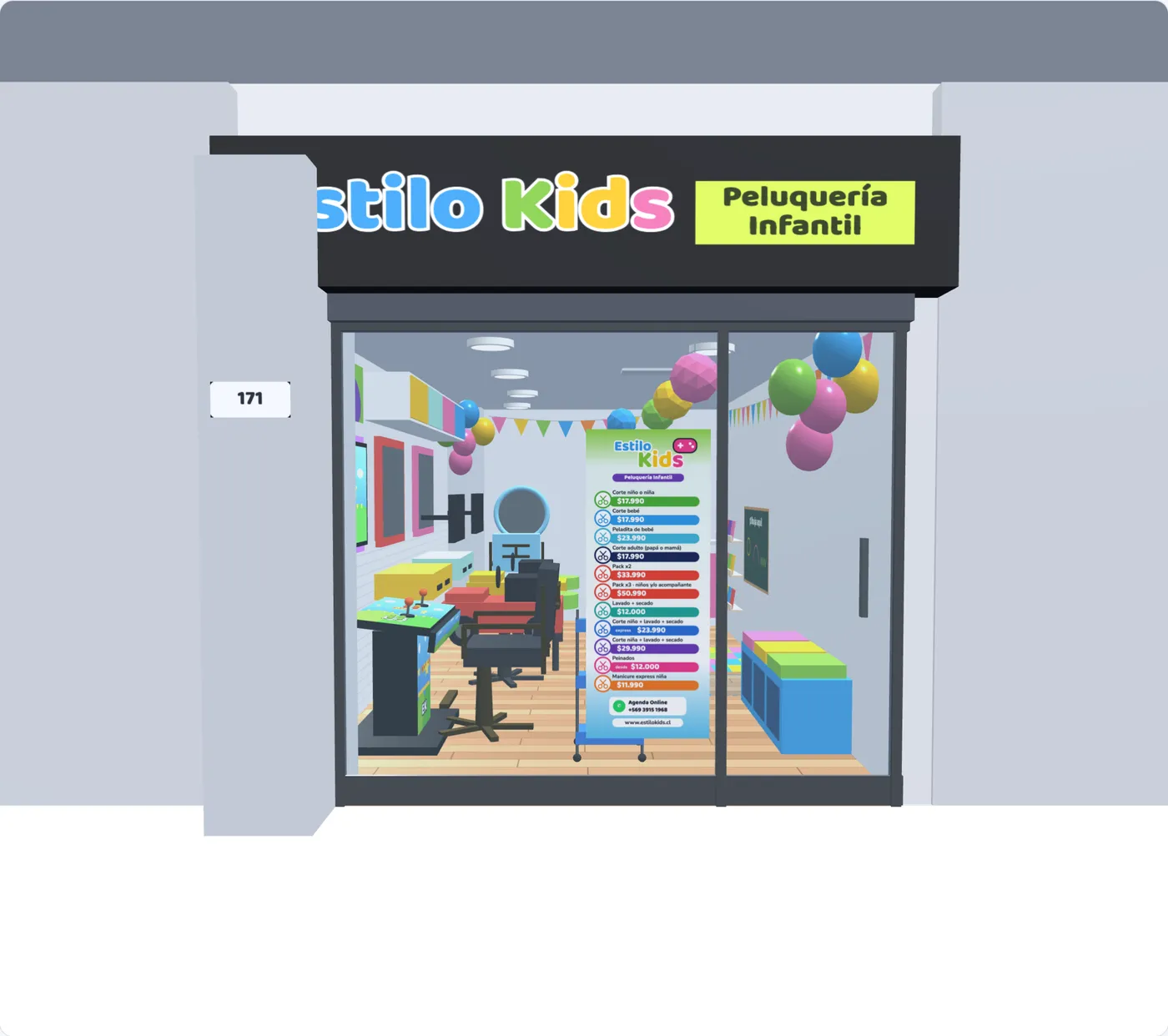Maqueta 3D de la fachada de Estilo Kids en Mall Vivo Panorámico, Providencia