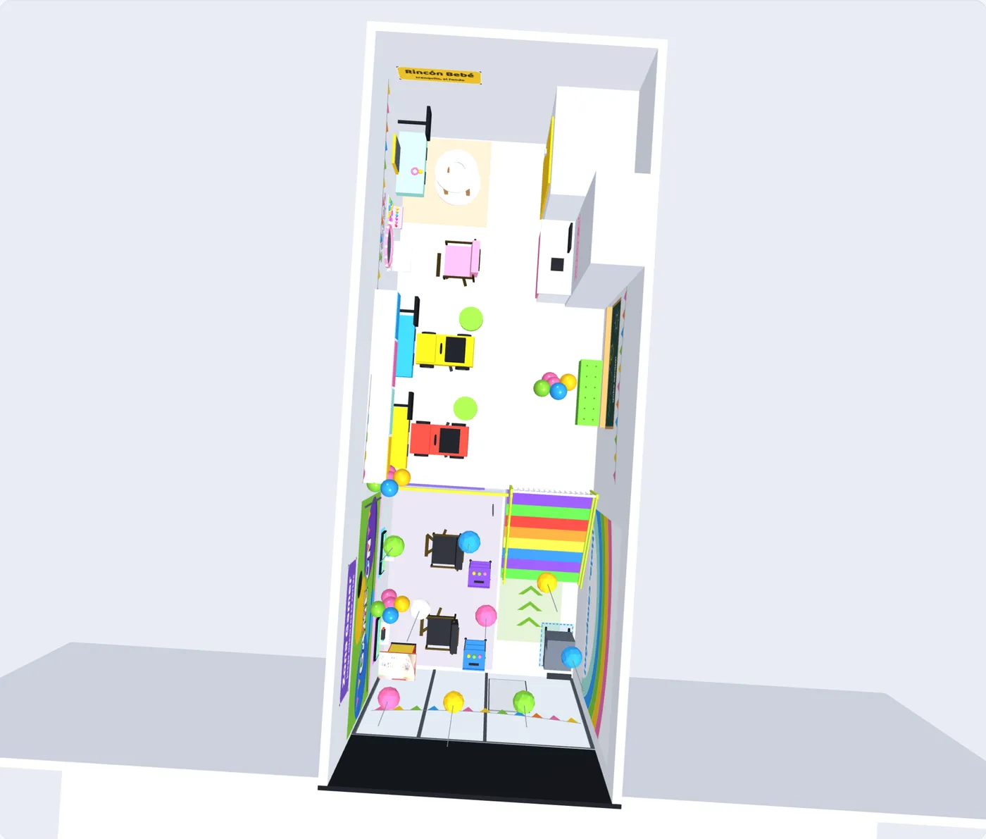 Maqueta 3D en vista aérea de la distribución de Estilo Kids Mall Vivo Centro