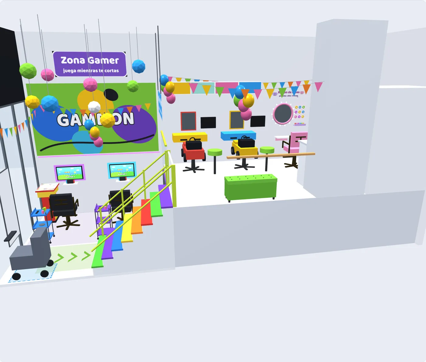 Maqueta 3D en corte lateral de Estilo Kids Mall Vivo Centro con zona gamer abajo y autitos arriba
